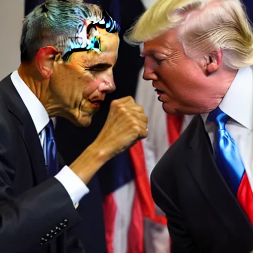 Prompt: barack obama and donald trump engage in a fist fight amongst journalists, photo