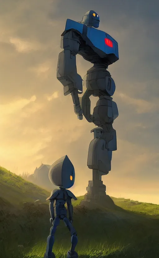 Image similar to iron giant standing near his farm, dynamic lighting, photorealistic fantasy concept art, trending on art station, stunning visuals, creative, cinematic, ultra detailed