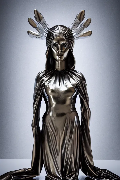 Prompt: chrome carved statue of nordic goddess symmetrical three faced in one body, metallic polished sculpture, dressed with a colorful wrapped cotton cloak, made by antonio corradini, and dug stanat macabre art, dark surrealism, epic and cinematic view, volummetric light, texturized, detailed, 8 k