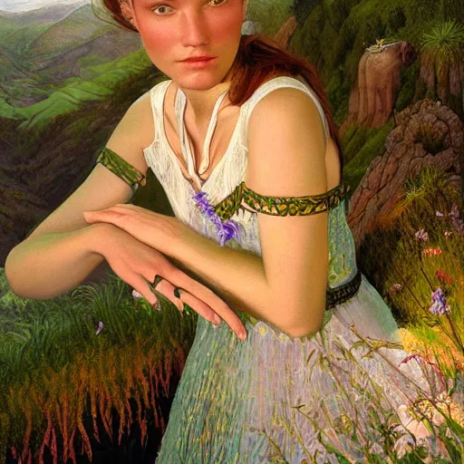 Prompt: A beautiful portrait of a woman with iridescent skin in a scenic environment by James C. Christensen