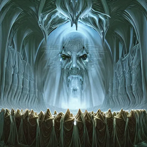 Prompt: a dark cabal of multiple hooded elven mystics in long dark robes gathered in a circular formation around a highly advanced alien computer, dan seagrave art, michael whelan