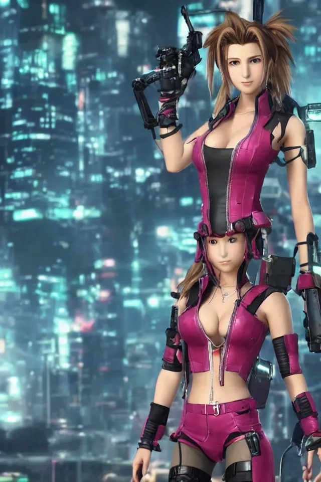 Image similar to Aerith from Final Fantasy wearing cyberpunk plugsuit