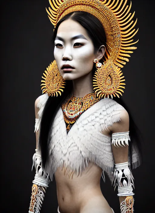 Image similar to absurdly beautiful young thai woman with symmetrical white makeup, wearing an intricate headdress made from bones and leather, wearing large earrings made from white bones, hyperdetailed illustration by irakli nadar and alexandre ferra, intricate linework, in the style of a national geographic portrait, unreal engine 5 highly rendered, global illumination, radiant light, detailed and intricate environment