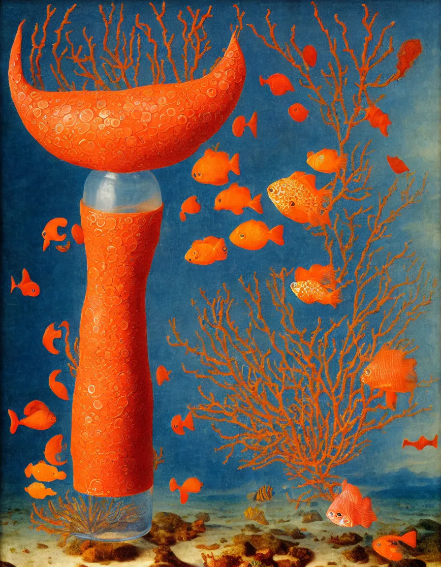 Image similar to bottle vase of coral under the sea and in the sky decorated with a dense field of stylized scrolls that have opaque outlines enclosing mottled blue washes, with orange shells and purple fishes, ambrosius benson, oil on canvas, hyperrealism, around the edges there are no objects