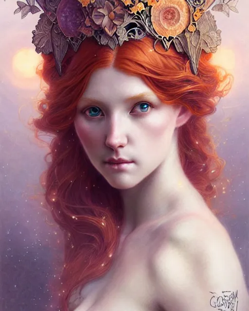 Image similar to Beautiful and playful ethereal ginger portrait, art nouveau, fantasy, intricate flower designs, elegant, highly detailed, sharp focus, art by Carne Griffith, Artgerm and Greg Rutkowski and WLOP