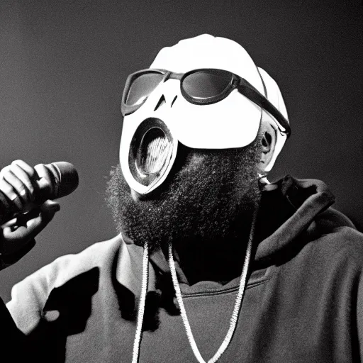 Image similar to rapper emcee mf doom screaming on the mic because the microphone is not working.