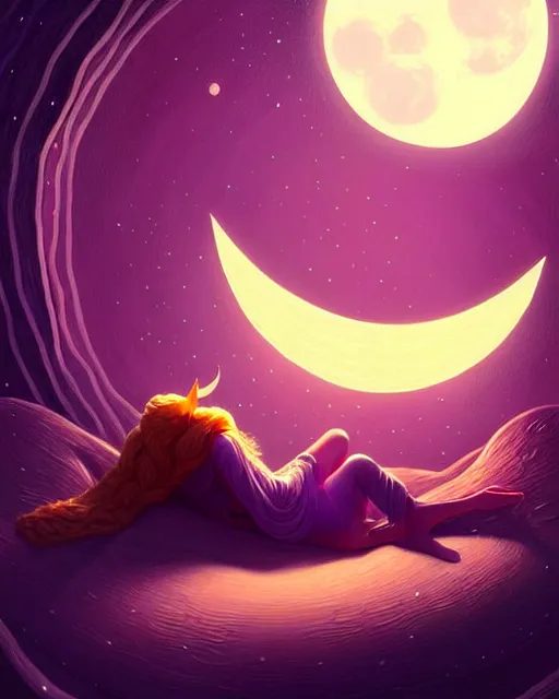 Prompt: beautiful painting of a elven sleeping on her bed with a smiling moon over her, art by mike winkelmann and by petros afshar, sky night, illustration, highly detailed, simple, smooth and clean vector curves, no jagged lines, vector art, smooth, artstation