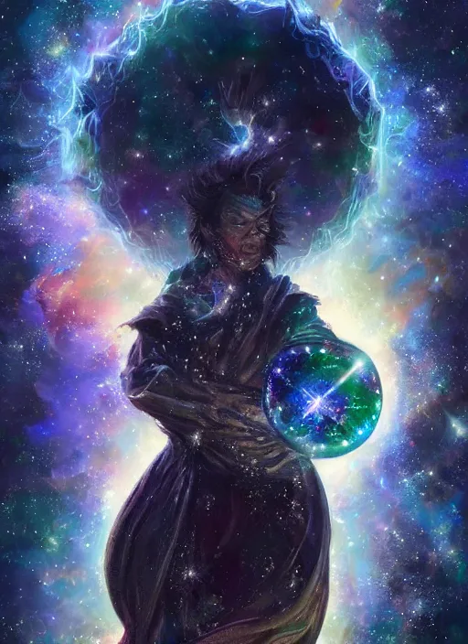 Image similar to high intricate digital paint of the sandman holding a glimmering galaxy, full shot, neil gaiman, maria panfilova, andrea savchenko, mike kime, ludovic plouffe, qi sheng luo, oliver cook, julian calle, eddie mendoza, trending on artstation