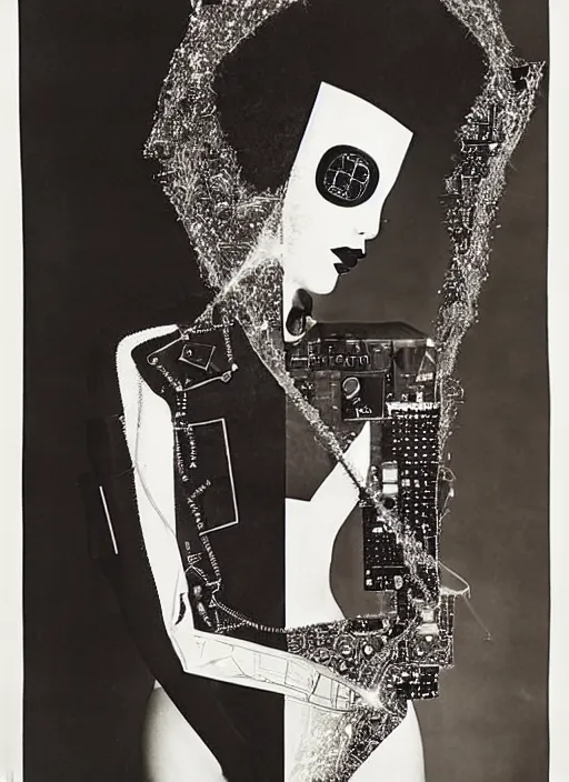 Image similar to Portrait of a punk goth fashion fractal cosmonaut girl with a television head wearing kimono made of circuits and leds, surreal photography by Man Ray