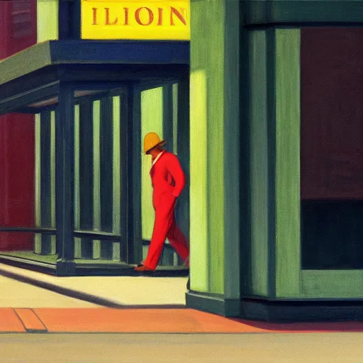 Image similar to a lonely man walking down the street in the style of Edward Hopper, 4k,