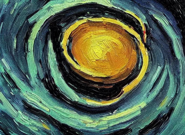 Prompt: painting of a wormhole black hole to another dimension, in the style of vincent van gogh and edward hopper and salvador dali