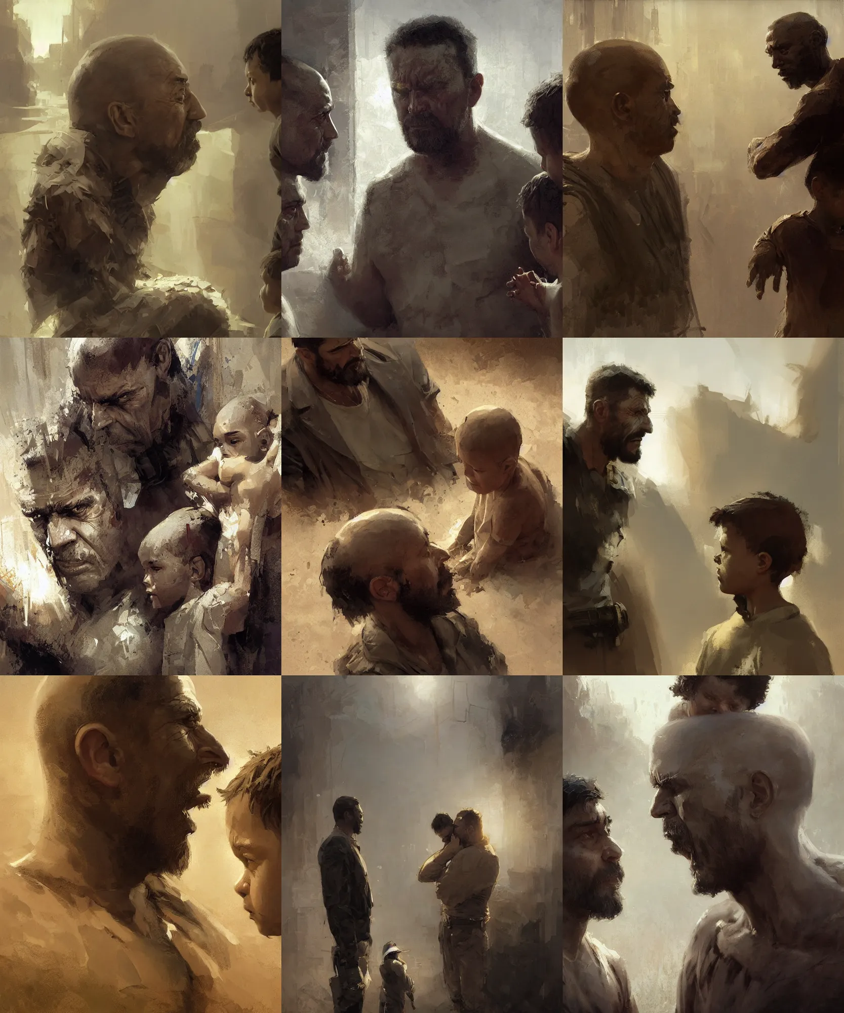 Prompt: digital art painting of a violent, harsh father talking with his kid, innocent son painted by craig mullins and gaston bussiere and greg rutkowski, symmetrical face, defined facial features, symmetrical facial features, dramatic lighting, close up