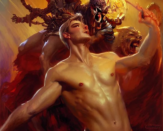 Image similar to attractive male deity, casting demonic magic, summoning handsome lucifer morning star. highly detailed painting by gaston bussiere, craig mullins, j. c. leyendecker 8 k