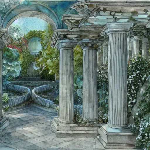 Image similar to delicate marble garden on paper floating puffy vines botanical 1 9 2 0 herbarium botanic watercolors coastline iridescent 8 k wide angle realistic shaded fine details, artstation italian rainbow colonnade oak pinecone gardena architecture pompeii boundary wall