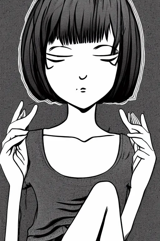 Prompt: portrait of a girl in long pants and a top, hands in pockets, eyes closed, bob haircut, digital art, black and white, manga style, by junji ito