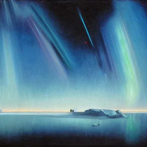 Image similar to the epic abstract painting'blue arctic void with black and red aurora borealis above a tiny polar bear family ', by caspar david friedrich!!!, by rothko!!!, stunning masterpiece, trending on artstation