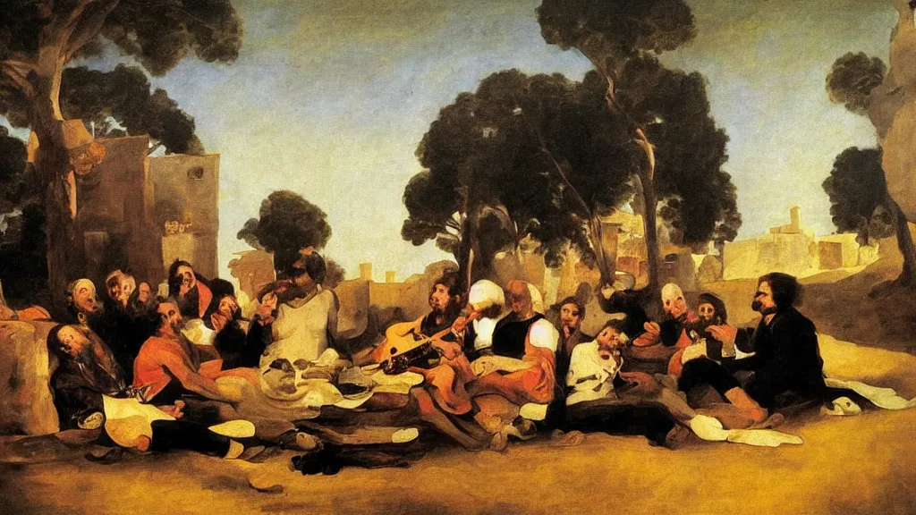 Prompt: Band members of The Grateful Dead in a Spanish village, painted by Francisco de Goya, oil painting