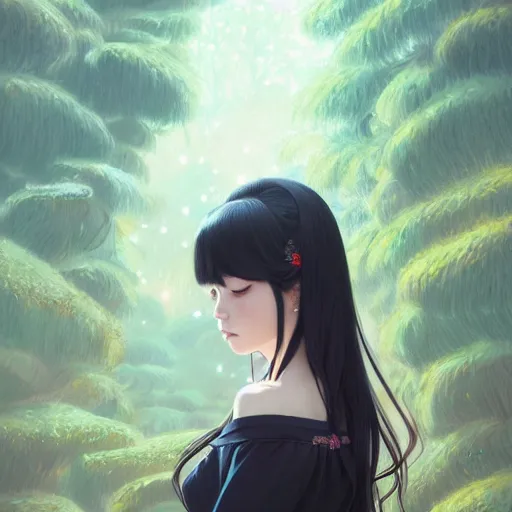 Prompt: a beautiful girl with long black hair, royal garden background, sharp focus, intricate, digital painting, artstation, highly detailed, ambient lighting, portrait by Studio Ghibli, Rossdraws, artgerm, Ilya Kuvshinov, and Greg Rutkowski