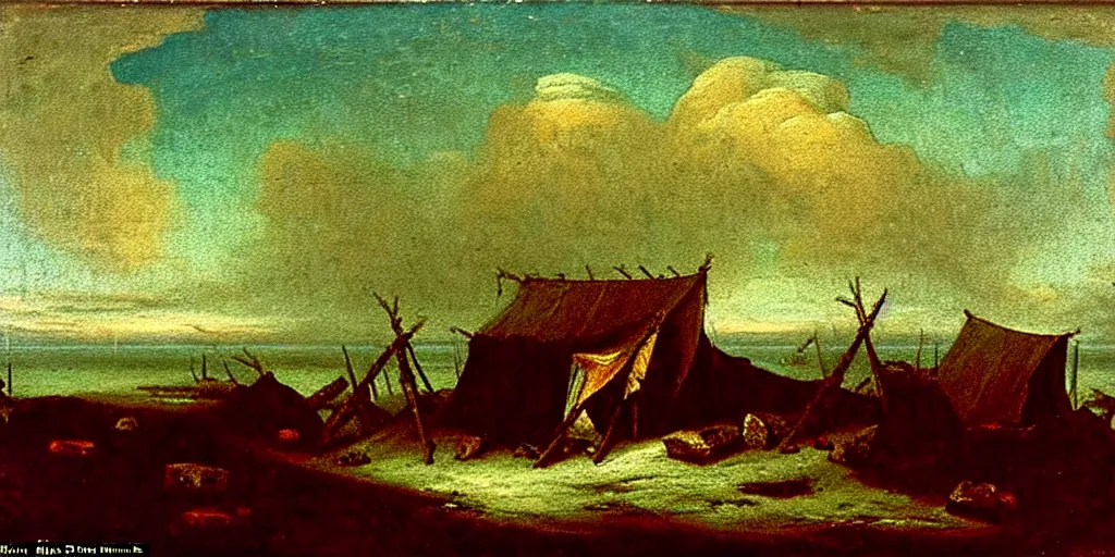 Image similar to remains of an abandoned camp of franklin ’ s lost expedition on an desolate arctic island, romanticist oil painting