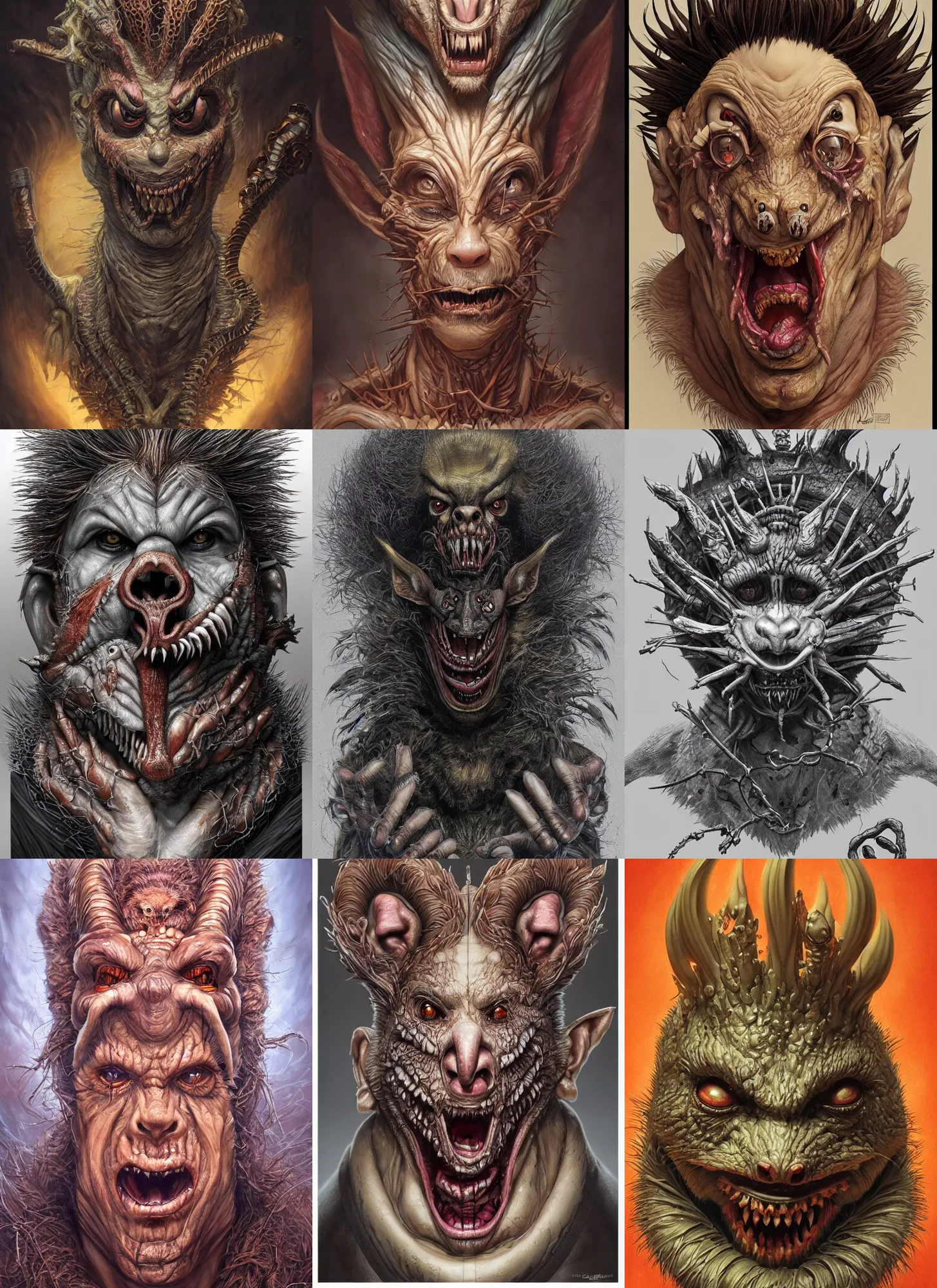 Prompt: a hyper detailed full face portrait of anthropomorphic rodent transforming into the striated king of puppets, horror, sideshow figurines, diablo 4 lilith, by yusuke murata, by hiroya oku, by dorian cleavenger, by tom bagshaw, by zdzisław beksinski, trending on artstation
