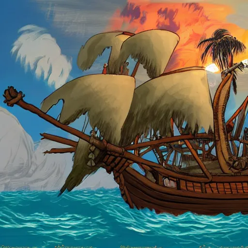 Prompt: a pirate ship near a skull shaped island, by Bill Tiller, monkey island game, game concept art, colorful