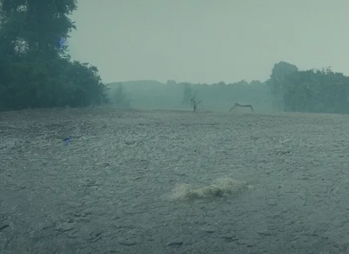 Image similar to A very high resolution image from a new movie, landscape, raining, hot, directed by wes anderson