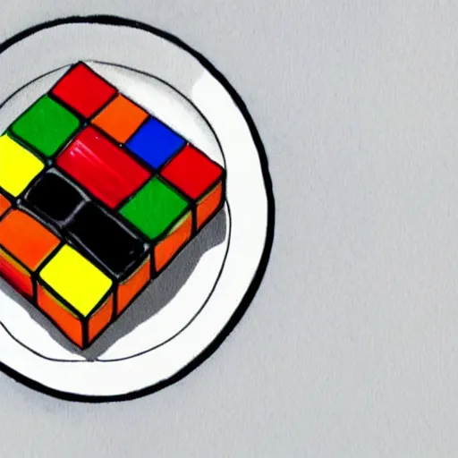 Prompt: a rubix cube on a plate on a table, drawn like a child