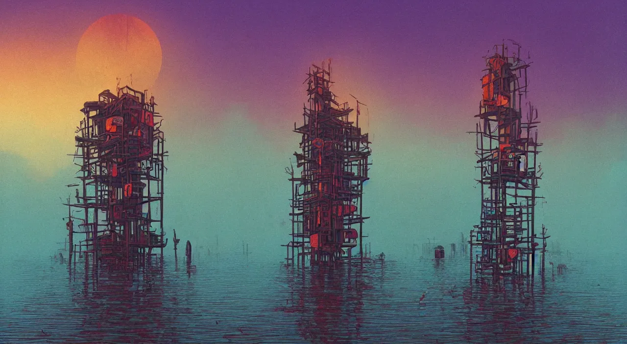 Image similar to single flooded simple wooden tower, very coherent and colorful high contrast ultradetailed photorealistic masterpiece by dan mcpharlin casey weldon simon stalenhag, dark shadows, sunny day, hard lighting