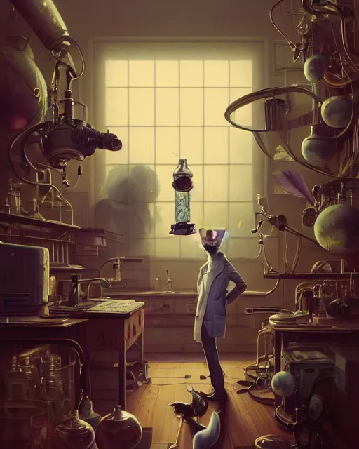 Image similar to highly detailed surreal vfx portrait of a mad cat scientist in weird laboratory, stephen bliss, unreal engine, greg rutkowski, loish, rhads, beeple, makoto shinkai and lois van baarle, ilya kuvshinov, rossdraws, tom bagshaw, alphonse mucha, global illumination, detailed and intricate environment