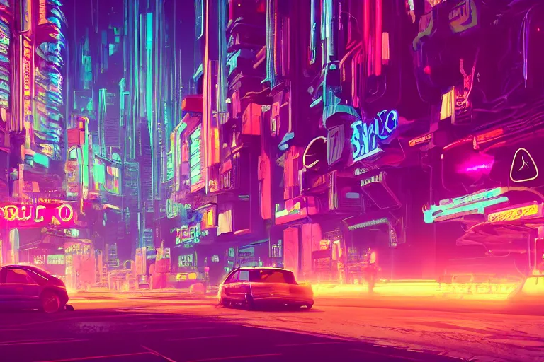 Image similar to a dreamlike cyberpunk city sit in the very far future, neon signs, shops and bars, floating buildings, glowing neons, synthwave, slightly abstract, rich deep colors, 4 k, realistic photography, flying cars in the distance, robot humanoids, anthropomorphic vehicles, fantasy setting, brilliant dreamy lighting, 8 0 s vibe, morning, blue sun