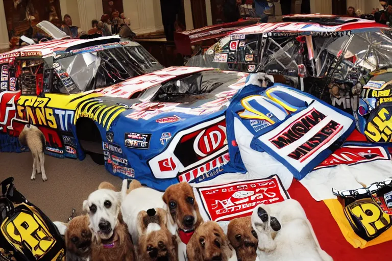 Image similar to vfx movie nascar driver man covered in corporate sponsor logos holding up bone for pack of dogs in the u. s. senate, interior. by emmanuel lubezki