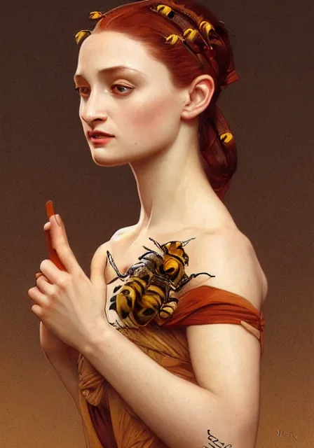 Prompt: sansa mummy bee honey, intricate, elegant, highly detailed, digital painting, artstation, concept art, smooth, sharp focus, illustration, art by artgerm and greg rutkowski and alphonse mucha and william - adolphe bouguereau