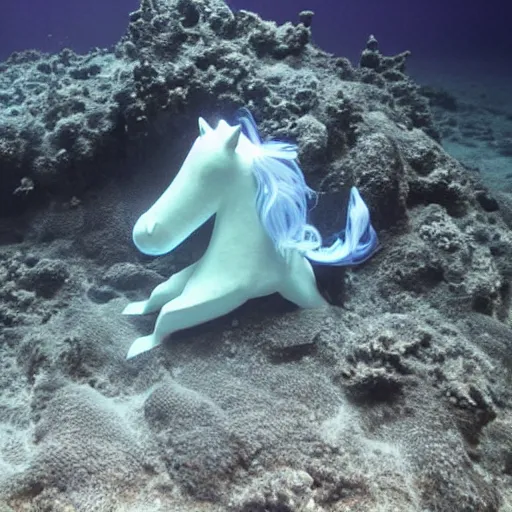 Prompt: a photo of an underwater unicorn discovered by scientists in the murky depths of the ocean using a submersible