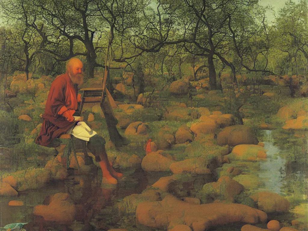 Image similar to Portrait of an artist painting at his easel knee deep in a river. Humanoid rocks, coral-like pebbles, spring orchard in bloom. Painting by Jan van Eyck, Georges de la Tour, Rene Magritte, Jean Delville, Max Ernst, Beksinski