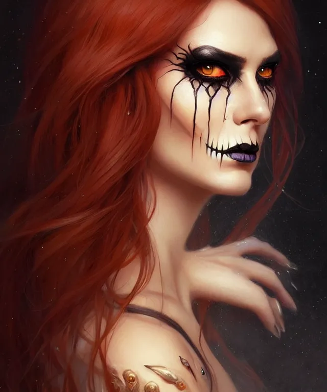 Prompt: Halloween makeup woman portrait, sci-fi, amber eyes, face, long hair, fantasy, intricate, elegant, highly detailed, digital painting, artstation, concept art, smooth, sharp focus, illustration, art by artgerm and greg rutkowski and alphonse mucha