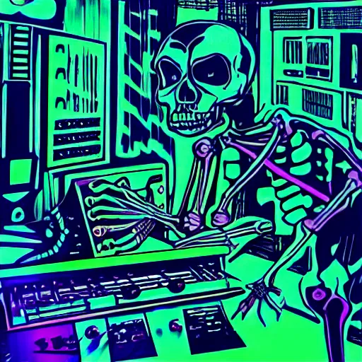 Image similar to a skeleton going ham on a synthesizer in a night club with strobe lights, vivid, detailed, outrun, synthwave, vaporwave