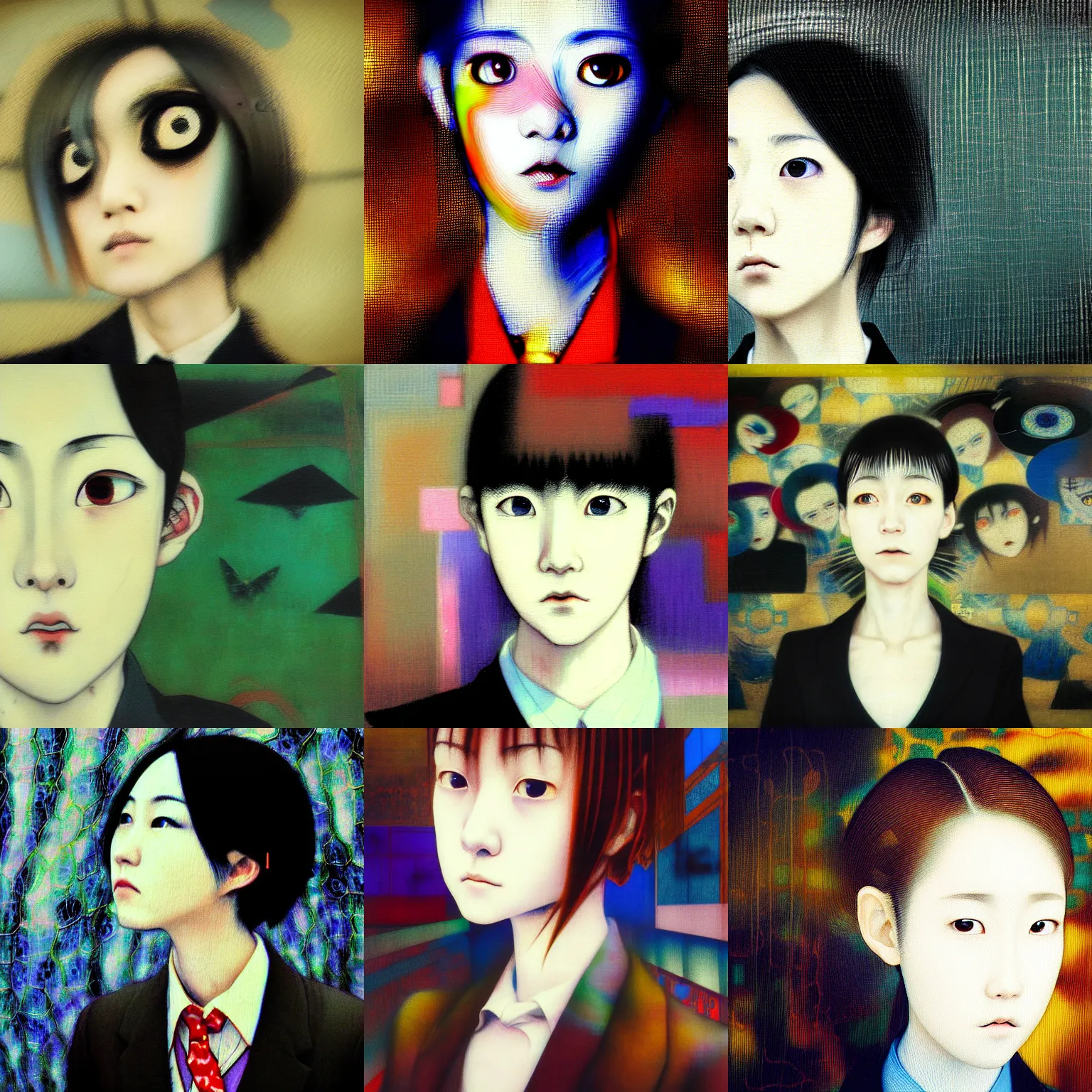 Image similar to yoshitaka amano blurred and dreamy realistic three quarter angle portrait of a young woman with short hair and black eyes wearing office suit with tie, junji ito abstract patterns in the background, satoshi kon anime, noisy film grain effect, highly detailed, renaissance oil painting, weird portrait angle, blurred lost edges