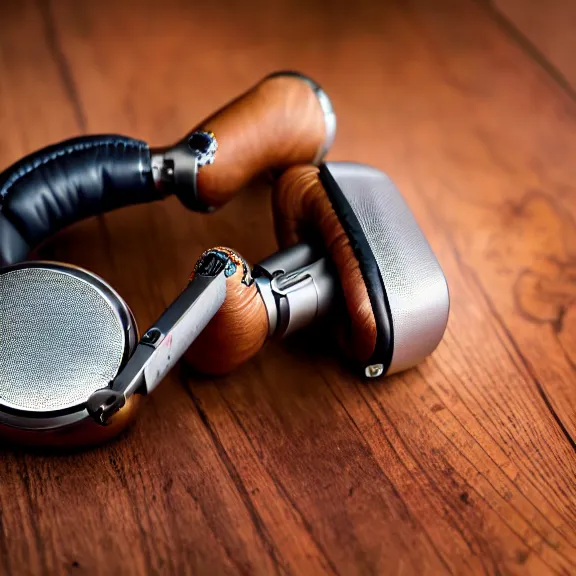 Prompt: masterpiece photo of beautiful hand crafted artistic titanium metal headphones, bismuth rainbow metal, bismuth cups, leather padding, displayed on mahogany desk, modernist headphones, bismuth headphones beautiful well designed, hyperrealistic, audiophile, intricate hyper detail, extreme high quality, photographic, audeze, sennheiser, hifi, focal, monoprice, abyssal