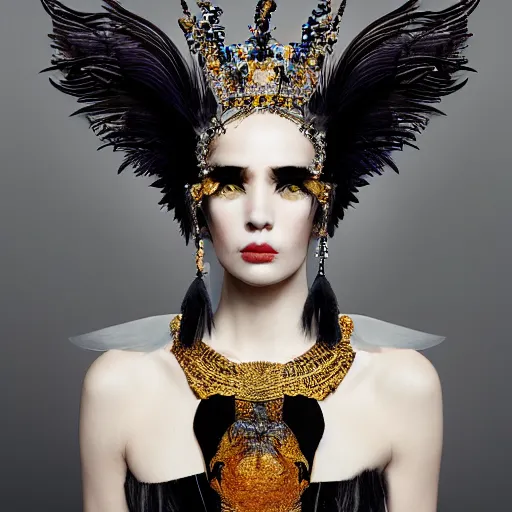 Image similar to a hyperrealistic portrait of a fierce proud queen of ravens, in a black dress with a collar made of iridescent feathers and golden adornments, geometrical background, intricate details, by zhang jingna and soey milk and amir ershadi and anja millen