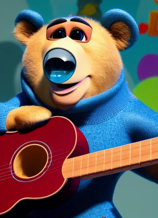 Image similar to Bear playing guitar, pixar, 8k