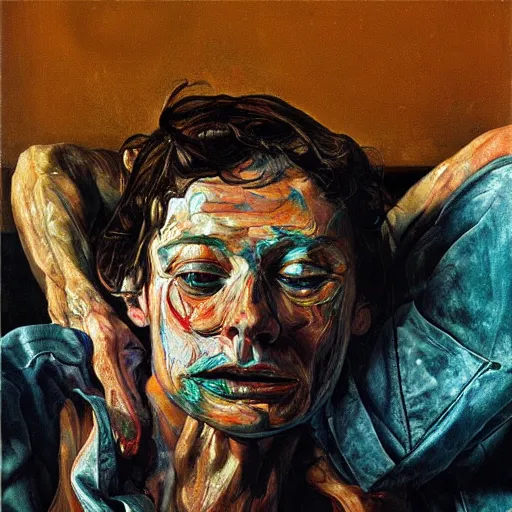 Image similar to high quality high detail painting by lucian freud and jenny saville, hd, psychedelic freak out, turquoise, ambient lighting