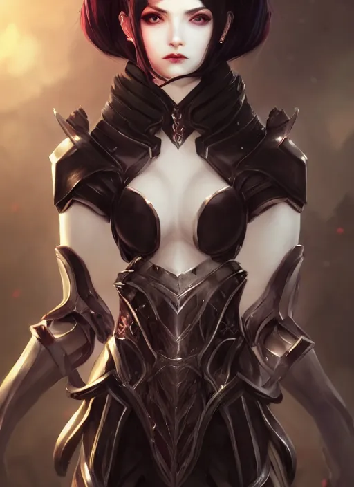 Image similar to full plate armor!!! beautiful and elegant dark hair female vampire!! gorgeous ayes!! character concept art, sharp focus, octane render! unreal engine 5! highly rendered!! trending on artstation!! detailed linework!! illustration by artgerm, wlop, and chie yoshii