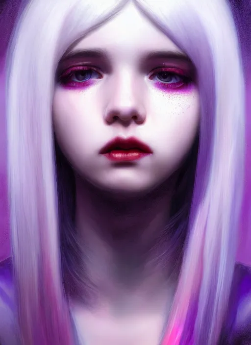 Image similar to hair whitebangs hair, black hair, whitebangs, portrait of teenage girl with white bangs, red irises, purple clothes, white bangs, bangs are different color from hair, intricate, elegant, glowing lights, highly detailed, digital painting, artstation, concept art, smooth, sharp focus, illustration, art by wlop, mars ravelo and greg rutkowski