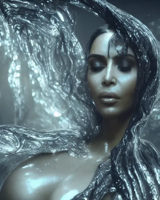 Prompt: epic full - ov - shot still of kim kardashian unconscious wearing a black lace dress in a transparent alien liquid, wet flowing hair, gooey skin, illustration, unreal engine 5, 8 k, made by h. r. giger.