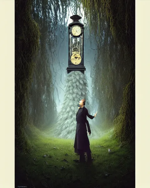 Image similar to highly detailed surreal vfx portrait of a cursed grandfather clock in a shadowy forest by a willow tree, stephen bliss, unreal engine, greg rutkowski, loish, rhads, beeple, makoto shinkai and lois van baarle, ilya kuvshinov, rossdraws, tom bagshaw, alphonse mucha, global illumination, detailed and intricate environment