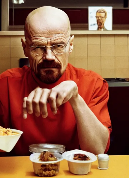 Image similar to portrait of walter white eating chicken sitting down in a fast food restaurant, 4K HD