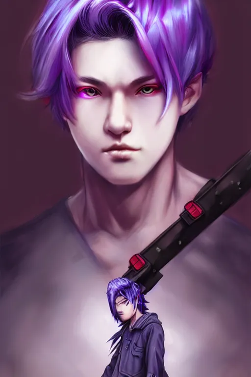 Image similar to gorgeous!!! hyper - realistic teenager boy with purple hair, purple eyes with red eye markets, slim body, wearing combat japanese clothes, holding a fan | drawn by wlop, drawn by jeehyung lee, drawn by artgerm | intricate, highly detailed, digital painting, character design, concept art, illustration, artstation