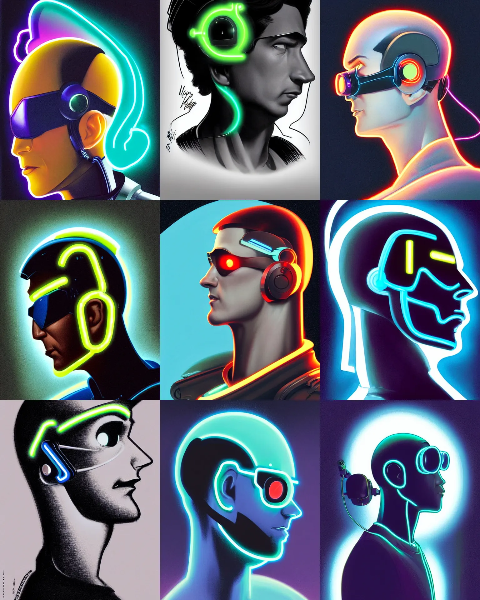 Prompt: pixar character silhouette side view future coder man, stylized cyclops display over eyes and sleek glowing headset, neon accents, holographic colors, desaturated headshot portrait digital painting by leyendecker, donato giancola, philip coles, ivan bilibin, john berkey, astronaut cyberpunk electric lights profile