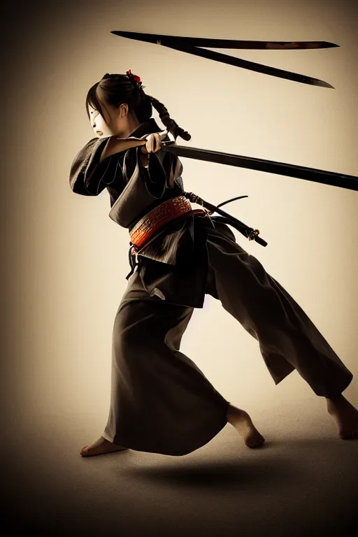 Image similar to highly detailed beautiful photo of a young female samurai, practising sword stances, symmetrical face, beautiful eyes, realistic anime art style, 8 k, award winning photo, pastels, action photography, 1 / 1 2 5 shutter speed, dramatic lighting