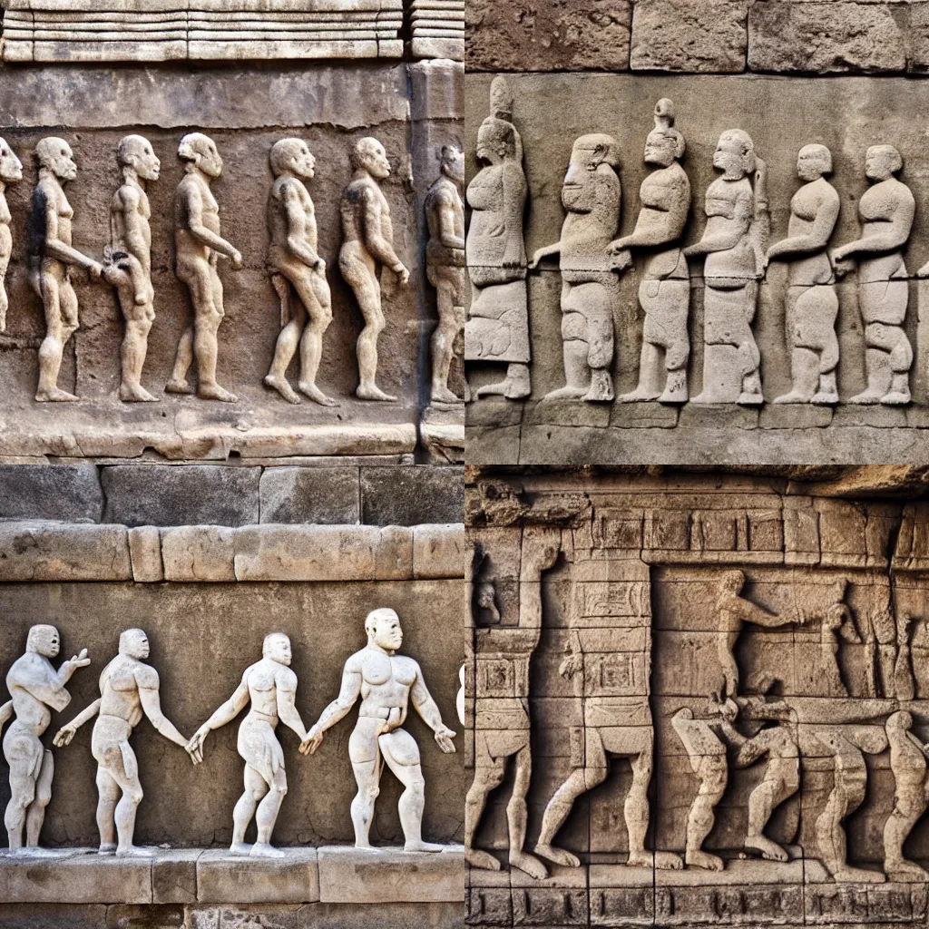 Prompt: wall of an ancient temple depicting human evolution